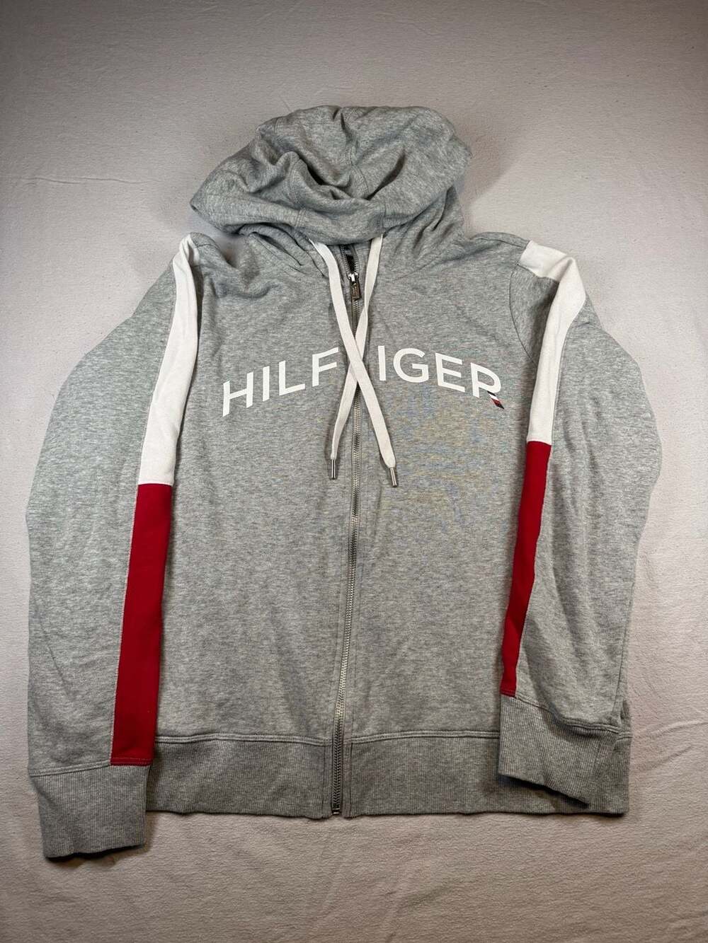 Tommy Hilfiger Sport Gray Full Zip Hoodie Sweatshirt with White and Red Sleeve S